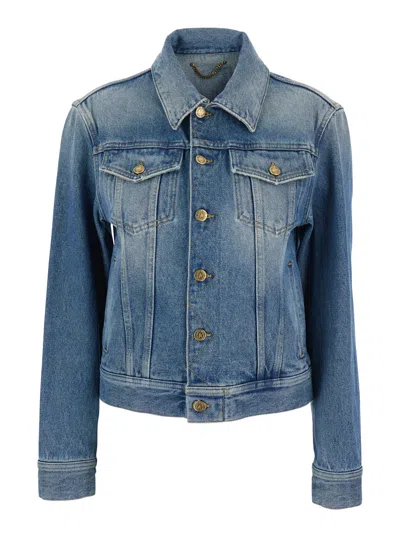 GOLDEN GOOSE GOLDEN GOOSE WOMEN BLUE JACKET WITH CLASSIC COLLAR AND LOGOED BUTTONS IN DENIM WOMAN