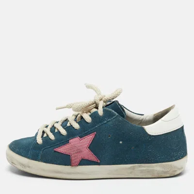 Pre-owned Golden Goose Blue Leather And Suede Super Star Low Top Trainers Size 36