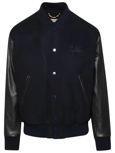 GOLDEN GOOSE BOMBER JACKET IN BLUE AND BLACK VIRGIN WOOL BLEND