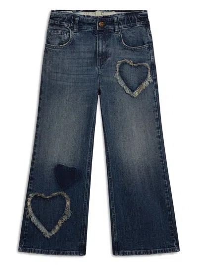 Golden Goose Kids' Bootcut Jeans With Heart-shaped Patches In Blue