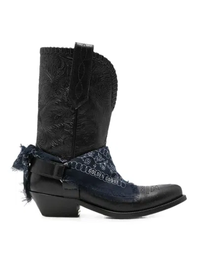 Golden Goose Star Wish Leather Boots Bandana Embroidery In Black