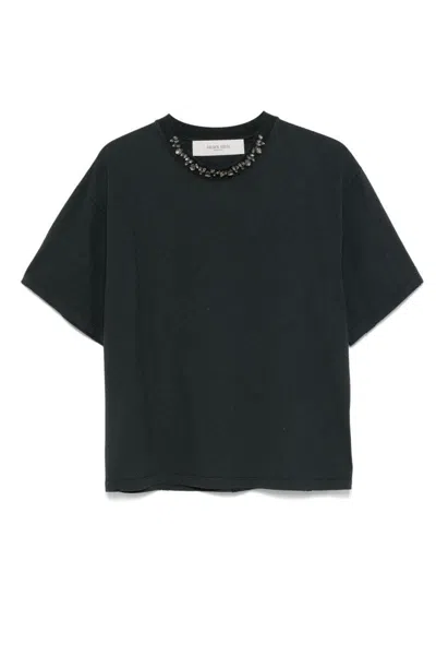 GOLDEN GOOSE BOXY BLACK T-SHIRT WITH DECORATIVE EMBELLISHMENTS