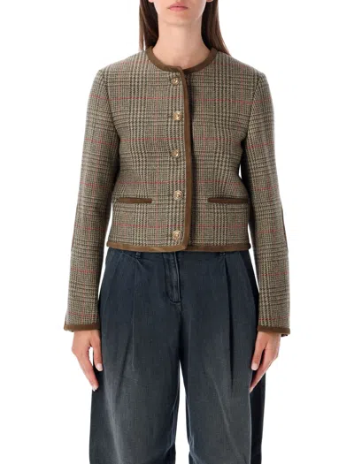Golden Goose Boxy Check Pattern Jacket With Contrast Trim And Elbow Patches In Brown