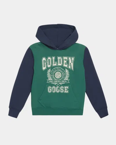 Golden Goose Kids' Boy's Journey Bicolor Logo Crest Hoodie In Hunter Green Total Eclipse