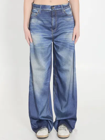Golden Goose Denim Printed Satin Boyfriend Pants In Blue
