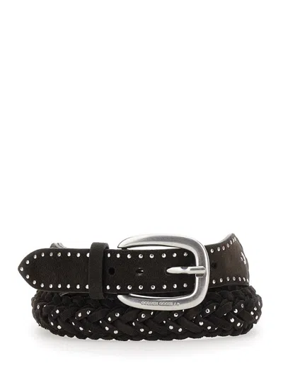 Golden Goose Braid Houston Suede Belt With Micro Studs And Classic Closure In Black