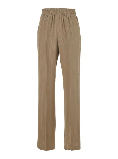 GOLDEN GOOSE 'BRITTANY' BEIGE PANTS WITH LOGO CHARM DETAIL ON THE REAR AND ALL-OVER STRIPED MOTIF IN VISCOSE BLEN