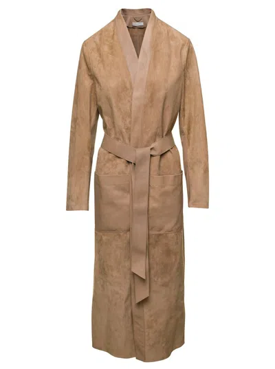 GOLDEN GOOSE BROWN BELTED TRENCH COAT IN SUEDE WOMAN