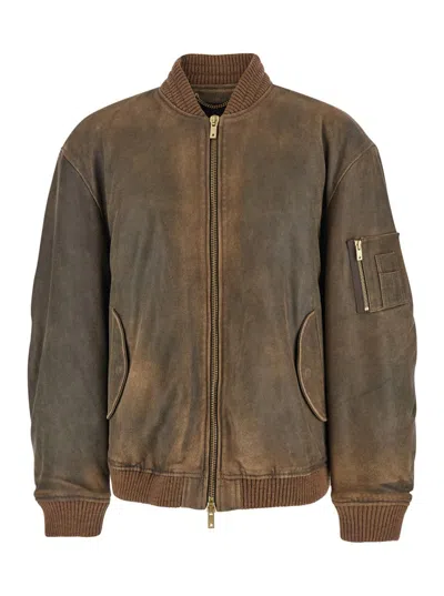 GOLDEN GOOSE BROWN JACKET WITH SLEEVE POCKET AND DISTRESSED EFFECTS IN LEATHER MAN