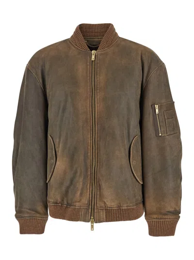 GOLDEN GOOSE BROWN JACKET WITH SLEEVE POCKET AND DISTRESSED EFFECTS IN LEATHER MAN