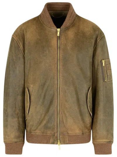 Golden Goose Brown Leather Jacket In Green