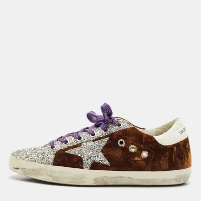 Pre-owned Golden Goose Brown/silver Velvet And Glitter Superstar Low Top Sneakers Size 38