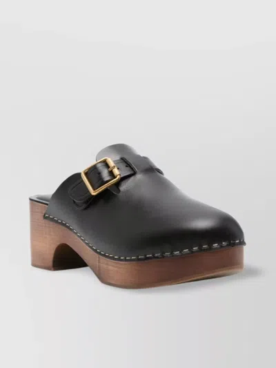 Golden Goose Buckle Detail Wooden Sole Mules In Black