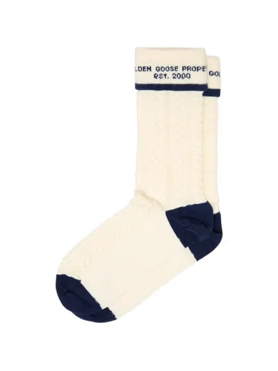 Golden Goose Socks Cable Knit Rib Jacquard Logo In White