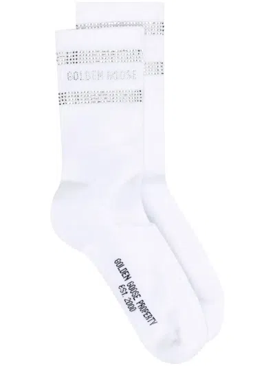 Golden Goose Crystal-embellished Stripes And Logo Cotton Socks In White