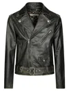 Golden Goose Black Biker Jacket With Notched Revers And Leopard Lining In Black