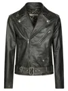 Golden Goose Men Black Biker Jacket With Notched Revers And Leopard Lining In Leather Man In Black