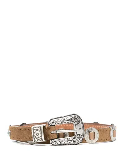 Golden Goose Lace Nabuk Thin Belt With Decorative Inlays In Brown