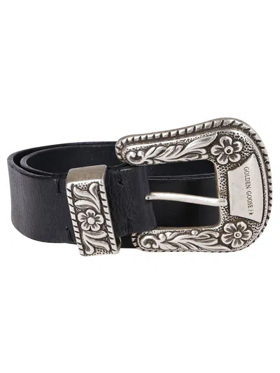 Golden Goose Deluxe Brand Cow Leather Belt With Ornate Silver Buckle For Women In Black