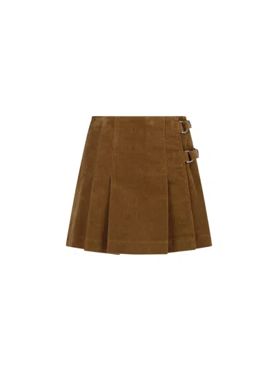 Golden Goose Corduroy Pleated Mini Skirt With Buckle Detail In Brown