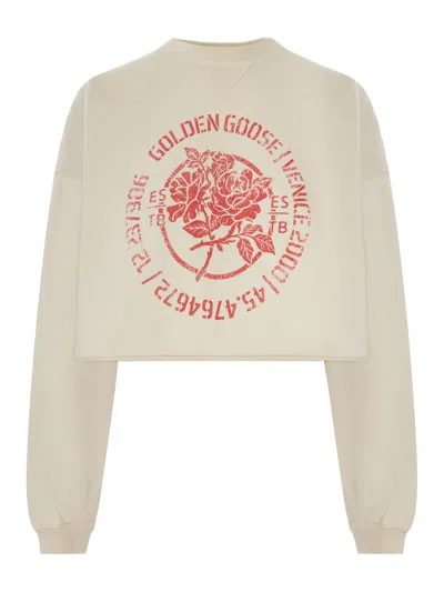 Golden Goose Cotton Cropped Sweatshirt With Front Print In Neutral