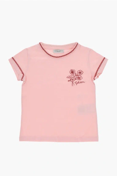 Golden Goose Cotton Edna Crew-neck T-shirt With Flowers Embroidery In Pink