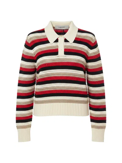 Golden Goose Cotton Polyamide Spandex Striped Crochet-knit Polo Top In Neutral