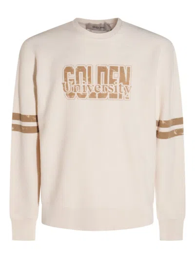 Golden Goose Cream Sweater With Bold Text Design And Contrast Stripes In Neutral