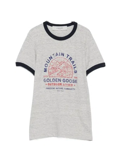 Golden Goose Printed Journey Fitted Jersey Slub Cotton T-shirt With Ribbed Seams In White