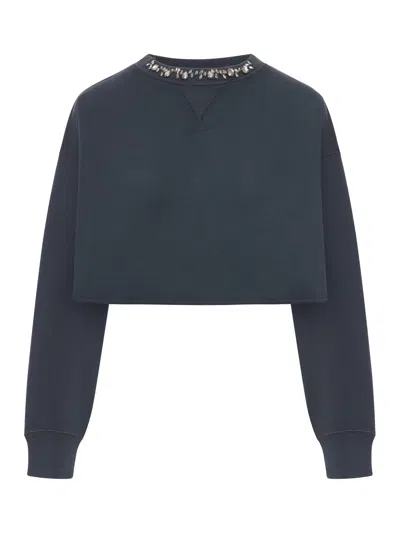Golden Goose Crew Neck Sweatshirt In Organic Cotton Fleece With Crystals On The Neck In Black