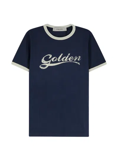 Golden Goose Crewneck T-shirt With Front Graphic And Contrast-trim Sleeves In Blue