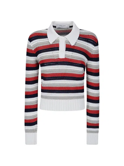 Golden Goose -style Cropped Cotton Knit Polo Shirt With Striped Pattern In Multi