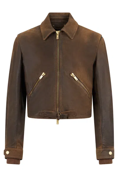 Golden Goose Cropped Leather Jacket For Sophisticated Style In Brown