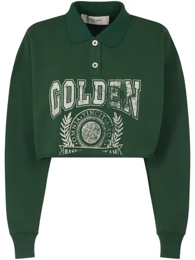 Golden Goose Cropped Polo Neck Sweatshirt In Organic Cotton Fleece In Green