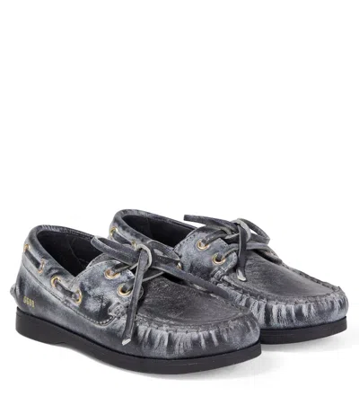 Golden Goose Kids' Cruise Distressed Leather Boat Shoes In Black
