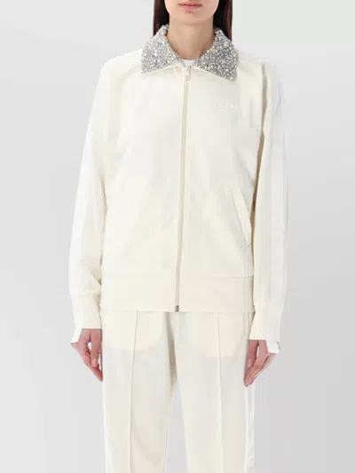 Golden Goose Crystal Collar Zip Fleece Top In White