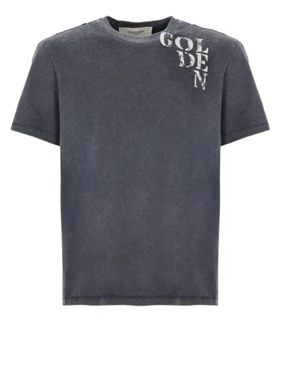 GOLDEN GOOSE DARK BLUE COTTON T-SHIRT WITH CONTRASTING LOGO