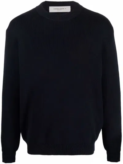 Golden Goose Dark Blue Ribbed Knit Sweater With Logo Patch In Black