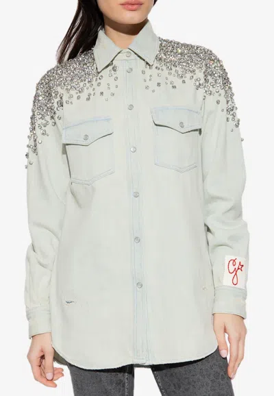 Golden Goose Db Bleached Denim Shirt With Crystal Embellishments In Light Blue