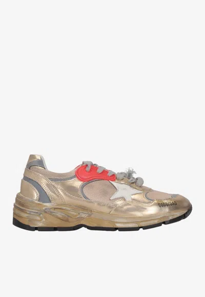 Golden Goose Db Dad-star Distressed Sneakers In Laminated Leather In Gold