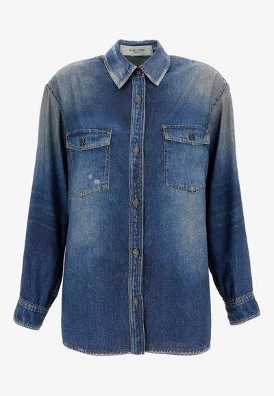 Golden Goose Db Denim Print Long-sleeved Shirt In Blue