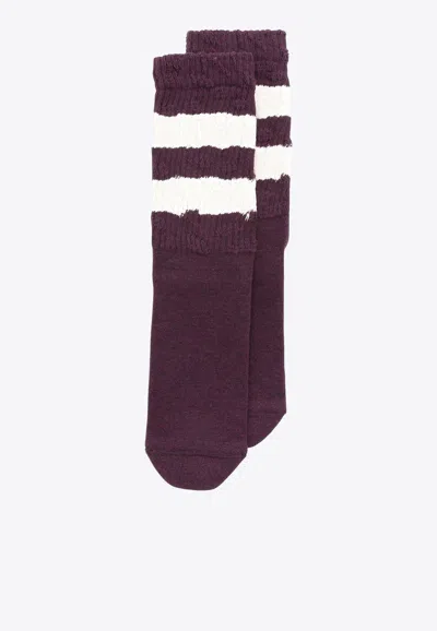 Golden Goose Db Distressed Striped High Ribbed Socks In Burgundy