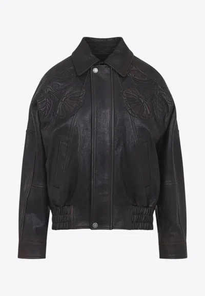 Golden Goose Db Flower-embroidered Aged Leather Jacket In Brown