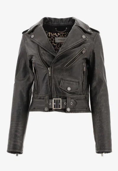 Golden Goose Db Leather Cropped Biker Jacket In Black