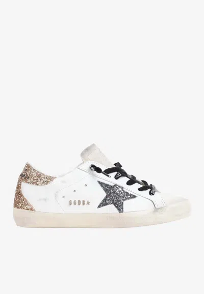 Golden Goose Db Super Star Leather Sneakers With Glittered Star And Heel In White