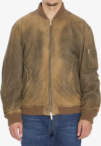 Golden Goose Db Vintage Leather Bomber Jacket In Brown