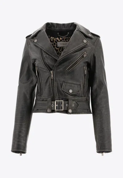 Golden Goose Db Vintage Leather Cropped Biker Jacket In Black