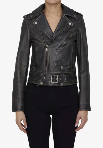 Golden Goose Db Worn-out Leather Zip-up Jacket In Black