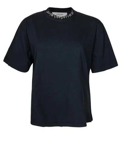 GOLDEN GOOSE GOLDEN GOOSE BLACK JERSEY T-SHIRT WITH STONE EMBELLISHMENTS 