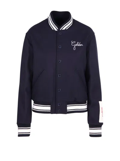 Golden Goose Dark Blue Virgin Wool Bomber Jacket In Black